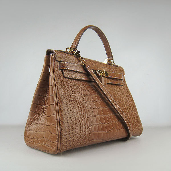 7A Replica Hermes Kelly 32cm Crocodile Veins Leather Bag Light Coffee 6108